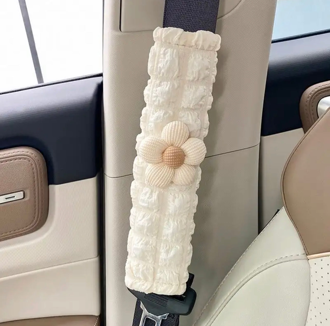 Car Seat Belt Cover White Flower - 2 pieces set